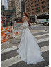 Beaded White Lace Tulle Deep V Back Luxury Wedding Dress